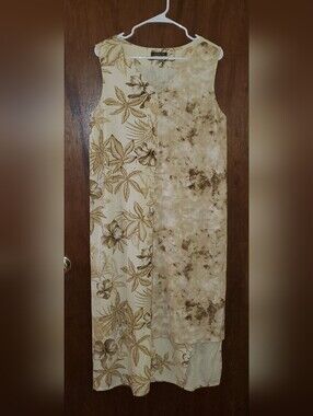 Jacques Ruc Linen Blend Tan Floral Maxi Dress Sz Large